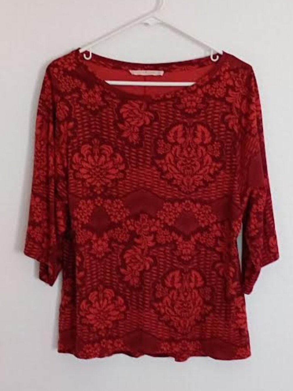 PERUVIAN CONNECTION WOMEN'S TOP WIDE ELBOW SLEEVES FLORAL COTTON STRETCH SIZE L